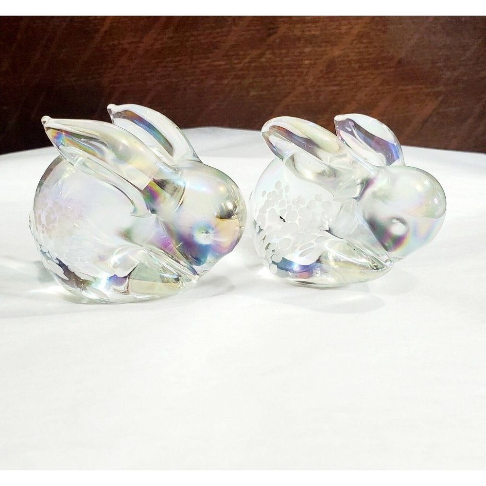 Set of 2 Bunny Iridescent Speckled Art Glass Figurine Paperweight luster rabbit